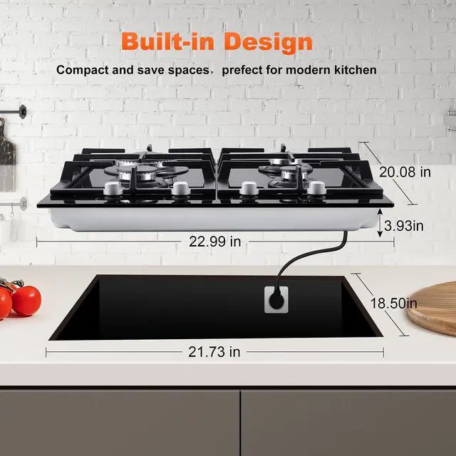 Alt view image 5 of 7 - Gas Stove Top 24 Inch, Built-in Gas Cooktop 4 Burner, Black Tempered Glass Stove with NG/LPG Conversion Kit, Kitchen Propane Cooktop with Thermocouple Protection
