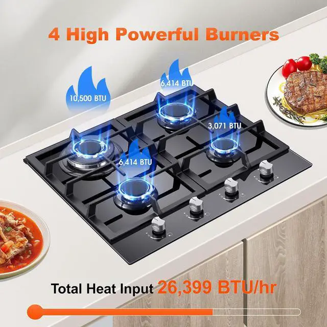 Alt view image 2 of 7 - Gas Stove Top 24 Inch, Built-in Gas Cooktop 4 Burner, Black Tempered Glass Stove with NG/LPG Conversion Kit, Kitchen Propane Cooktop with Thermocouple Protection