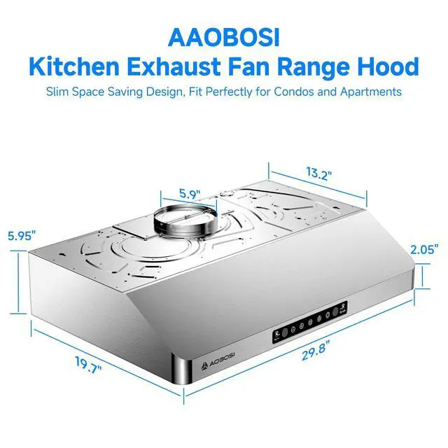 Alt view image 7 of 7 - 30 Inch Under Cabinet Range Hood, 800 CFM Stainless Steel Kitchen Vent Hood with Gesture Sensing, Touch Control, 3-Speed Exhaust Fan, LED Lights, Ducted Range Hood