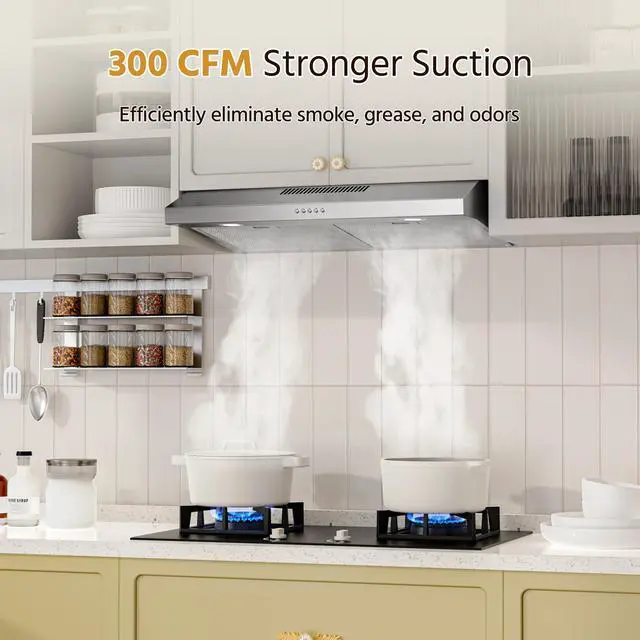 Alt view image 2 of 7 - 30 Inch Under Cabinet Range Hood with Quiet Brushless Motor, 300CFM Ducted/Ductless Convertible Vent Hood, 3 Speed Exhaust Fan, LED Light & Reusable Filter, Stainless Steel Kitchen Stove Hood