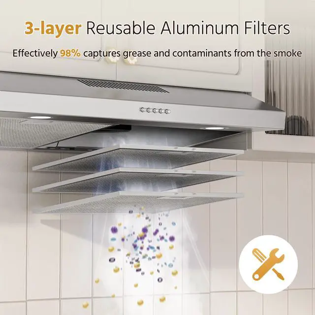 Alt view image 3 of 7 - 30 Inch Under Cabinet Range Hood with Quiet Brushless Motor, 300CFM Ducted/Ductless Convertible Vent Hood, 3 Speed Exhaust Fan, LED Light & Reusable Filter, Stainless Steel Kitchen Stove Hood