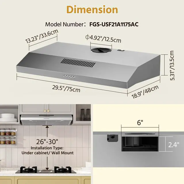 Alt view image 7 of 7 - 30 Inch Under Cabinet Range Hood with Quiet Brushless Motor, 300CFM Ducted/Ductless Convertible Vent Hood, 3 Speed Exhaust Fan, LED Light & Reusable Filter, Stainless Steel Kitchen Stove Hood