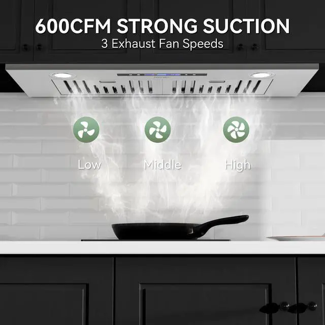 Alt view image 6 of 7 - 30 Built-in/Insert Range Hood with Touch/Gesture/Remote Control | 600 CFM Stainless Steel Vent Hood with 3 Speed Ducted/Ductless Convertible, LED Light and Charcoal Filters