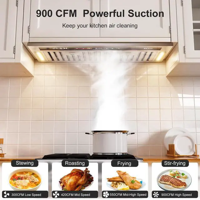 Alt view image 2 of 7 - Range Hood Insert 30 Inch, 900 CFM Smart Voice/Gesture/Touch Control, 4 Speed Exhaust Fan, Stainless Steel Kitchen Hood with Charcoal Filter, Ducted/Ductless Convertible