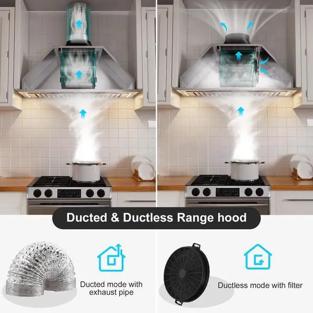 Alt view image 6 of 7 - Range Hood Insert 30 Inch, 900 CFM Smart Voice/Gesture/Touch Control, 4 Speed Exhaust Fan, Stainless Steel Kitchen Hood with Charcoal Filter, Ducted/Ductless Convertible