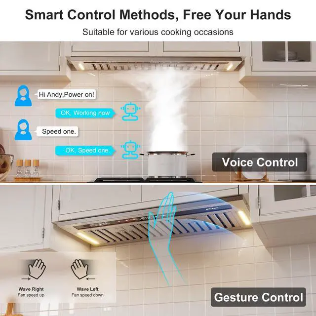 Alt view image 3 of 7 - Range Hood Insert 30 Inch, 900 CFM Smart Voice/Gesture/Touch Control, 4 Speed Exhaust Fan, Stainless Steel Kitchen Hood with Charcoal Filter, Ducted/Ductless Convertible