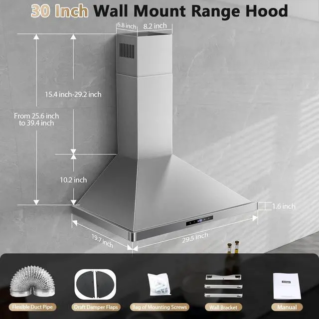 Alt view image 3 of 7 - Wall Mount Kitchen Hood 30 inch, Ducted/Ductless Range Hood with Delayed Shutdown Function, 700CFM, 3 Speed Fan, Energy-saving LED Lights, Soft Touch Control, Stainless Steel Grease Filters