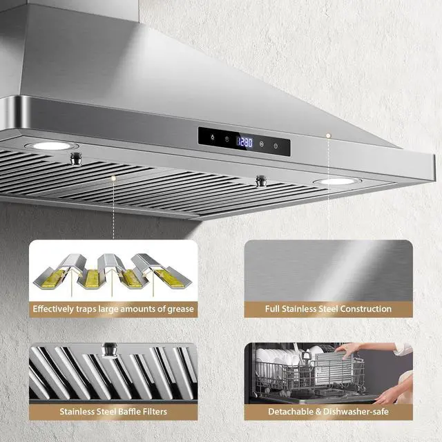 Alt view image 2 of 7 - Wall Mount Kitchen Hood 30 inch, Ducted/Ductless Range Hood with Delayed Shutdown Function, 700CFM, 3 Speed Fan, Energy-saving LED Lights, Soft Touch Control, Stainless Steel Grease Filters