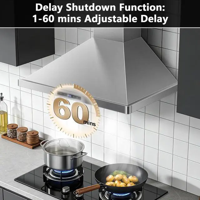 Alt view image 5 of 7 - Wall Mount Kitchen Hood 30 inch, Ducted/Ductless Range Hood with Delayed Shutdown Function, 700CFM, 3 Speed Fan, Energy-saving LED Lights, Soft Touch Control, Stainless Steel Grease Filters