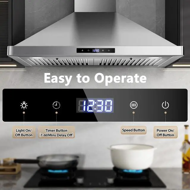 Alt view image 4 of 7 - Wall Mount Kitchen Hood 30 inch, Ducted/Ductless Range Hood with Delayed Shutdown Function, 700CFM, 3 Speed Fan, Energy-saving LED Lights, Soft Touch Control, Stainless Steel Grease Filters
