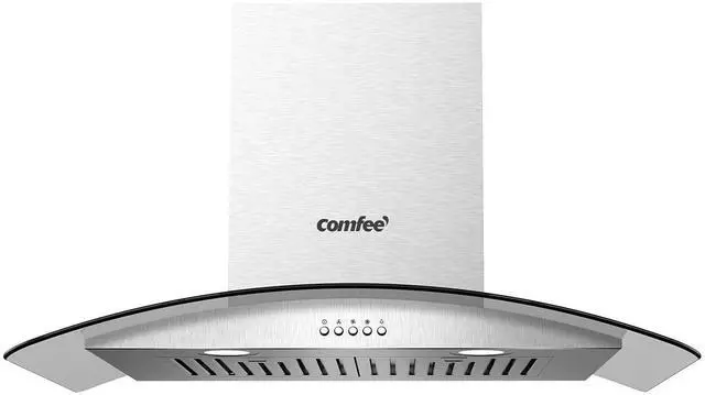 Main image of 30 Inch Wall Mount Range Hood, 450 CFM Ductless/Ducted Convertible | Island Range Hood 3-Speed Exhaust Fan, Curved Glass Stainless Steel Kitchen Vent Hood, 2 Baffle Filters, 2 LED Lights