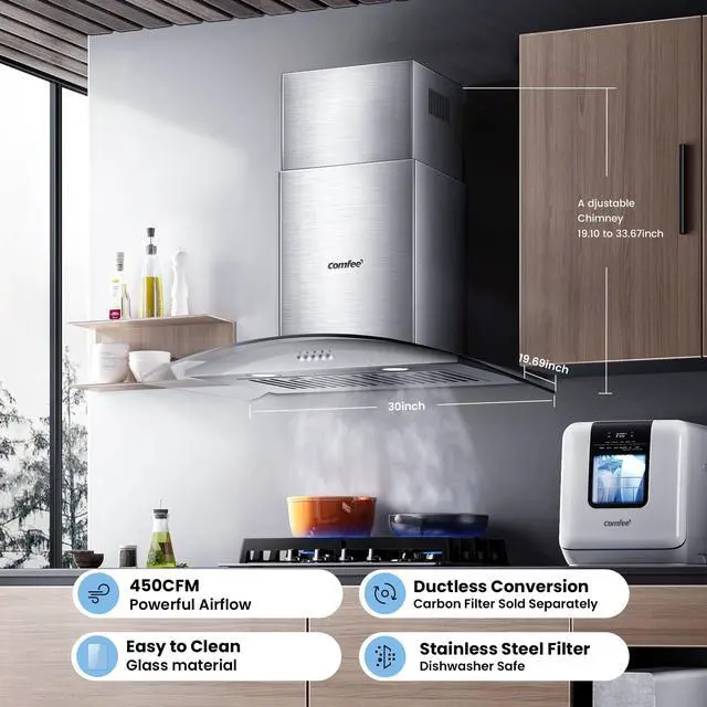 Alt view image 2 of 7 - 30 Inch Wall Mount Range Hood, 450 CFM Ductless/Ducted Convertible | Island Range Hood 3-Speed Exhaust Fan, Curved Glass Stainless Steel Kitchen Vent Hood, 2 Baffle Filters, 2 LED Lights