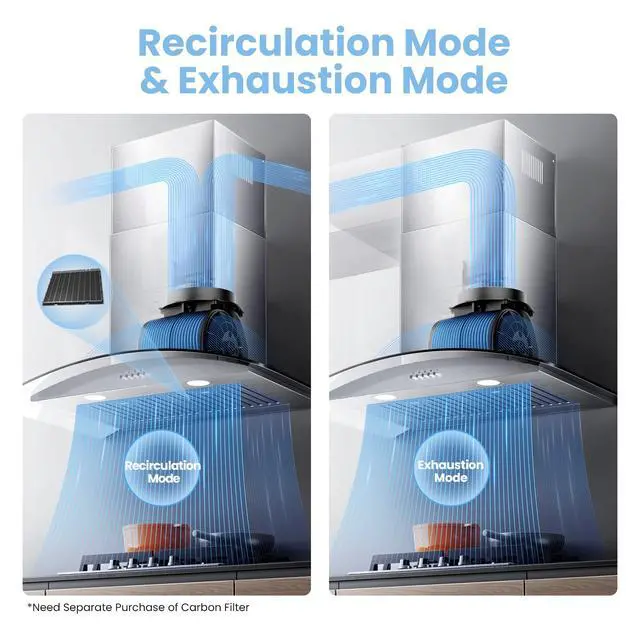 Alt view image 4 of 7 - 30 Inch Wall Mount Range Hood, 450 CFM Ductless/Ducted Convertible | Island Range Hood 3-Speed Exhaust Fan, Curved Glass Stainless Steel Kitchen Vent Hood, 2 Baffle Filters, 2 LED Lights