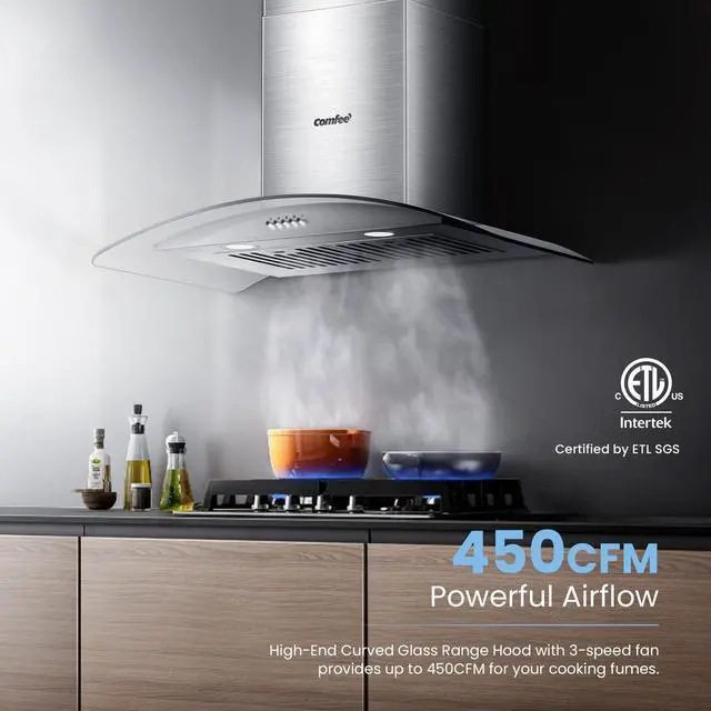 Alt view image 3 of 7 - 30 Inch Wall Mount Range Hood, 450 CFM Ductless/Ducted Convertible | Island Range Hood 3-Speed Exhaust Fan, Curved Glass Stainless Steel Kitchen Vent Hood, 2 Baffle Filters, 2 LED Lights