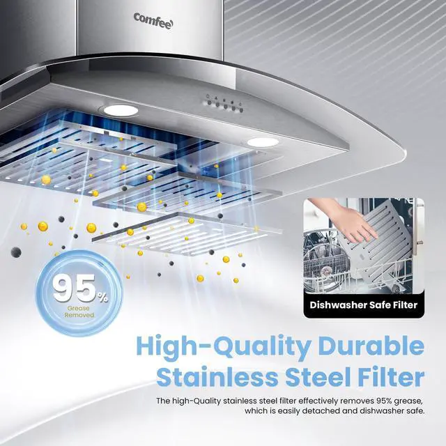 Alt view image 5 of 7 - 30 Inch Wall Mount Range Hood, 450 CFM Ductless/Ducted Convertible | Island Range Hood 3-Speed Exhaust Fan, Curved Glass Stainless Steel Kitchen Vent Hood, 2 Baffle Filters, 2 LED Lights