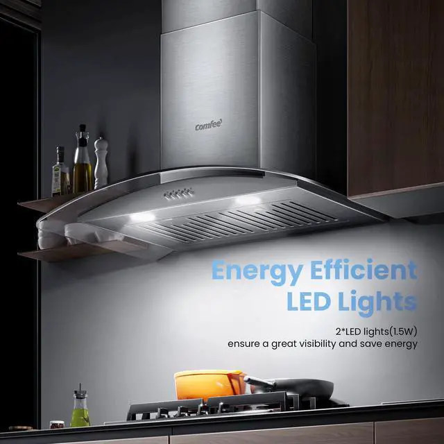 Alt view image 7 of 7 - 30 Inch Wall Mount Range Hood, 450 CFM Ductless/Ducted Convertible | Island Range Hood 3-Speed Exhaust Fan, Curved Glass Stainless Steel Kitchen Vent Hood, 2 Baffle Filters, 2 LED Lights
