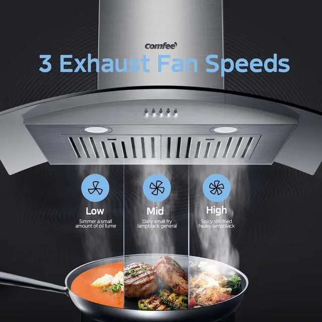 Alt view image 6 of 7 - 30 Inch Wall Mount Range Hood, 450 CFM Ductless/Ducted Convertible | Island Range Hood 3-Speed Exhaust Fan, Curved Glass Stainless Steel Kitchen Vent Hood, 2 Baffle Filters, 2 LED Lights