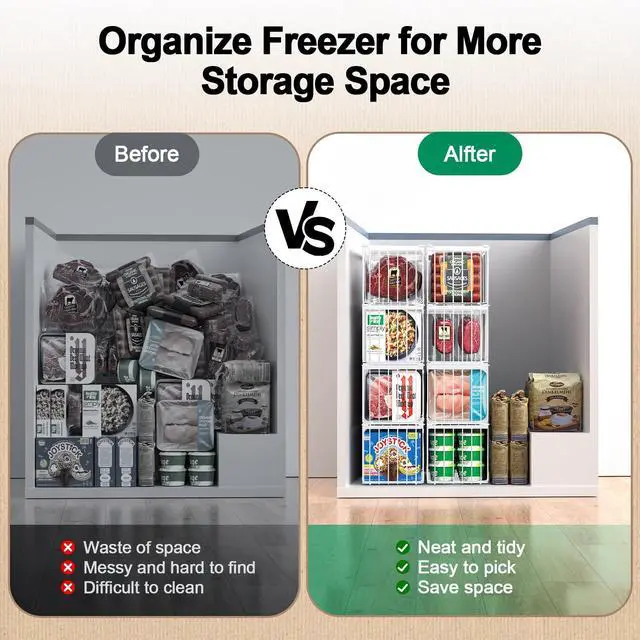 Alt view image 6 of 7 - Freezer Organizer Bins, 6 Pack Stackable Deep Chest Freezer Organizer Bins, Foldable Freezer Baskets with Handles, White Freezer Storage Organizer Baskets for 7 Cu.FT Deep Freezer Sort Frozen Meats