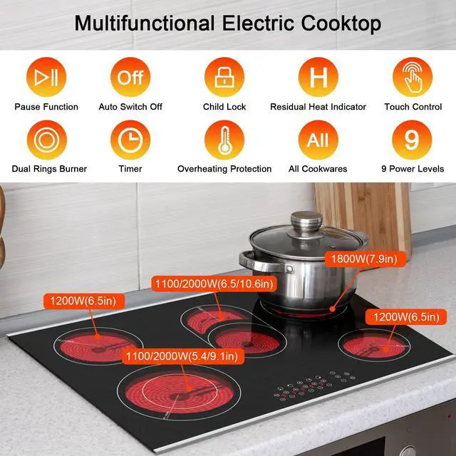 Alt view image 2 of 6 - 30 Inch Electric Cooktop 30 Inch 5 Burner Drop-in Radiant Stovetop | 5 Burners Electric Stove Ceramic Cooktop, Glass-Protected Metal Frame, Child Lock, Timer, 8400W, 220-240V, Hard Wire, No Plug
