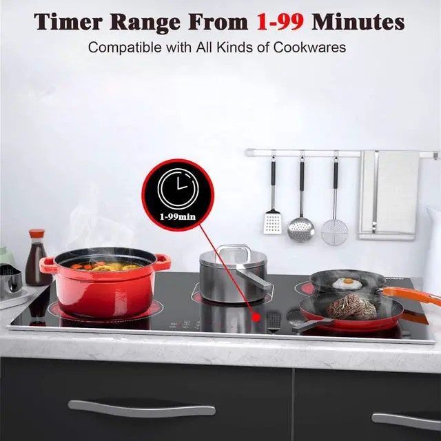 Alt view image 4 of 6 - 30 Inch Electric Cooktop 30 Inch 5 Burner Drop-in Radiant Stovetop | 5 Burners Electric Stove Ceramic Cooktop, Glass-Protected Metal Frame, Child Lock, Timer, 8400W, 220-240V, Hard Wire, No Plug