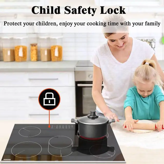 Alt view image 3 of 6 - 30 Inch Electric Cooktop 30 Inch 5 Burner Drop-in Radiant Stovetop | 5 Burners Electric Stove Ceramic Cooktop, Glass-Protected Metal Frame, Child Lock, Timer, 8400W, 220-240V, Hard Wire, No Plug
