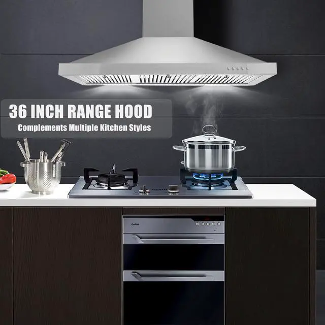 Alt view image 2 of 7 - 36 inch Range Hood, Wall Mounted Vent Hood in Stainless Steel, Ducted/Ductless Kitchen Hood w/Push Button Control, 3 Speed Exhaust Fan, 3 Pcs Baffle Filters, Energy Saving LED Light