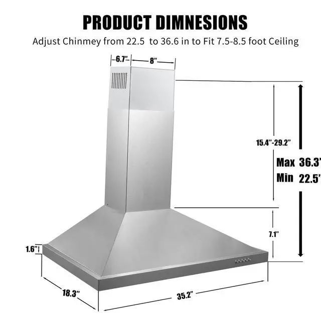 Alt view image 5 of 7 - 36 inch Range Hood, Wall Mounted Vent Hood in Stainless Steel, Ducted/Ductless Kitchen Hood w/Push Button Control, 3 Speed Exhaust Fan, 3 Pcs Baffle Filters, Energy Saving LED Light