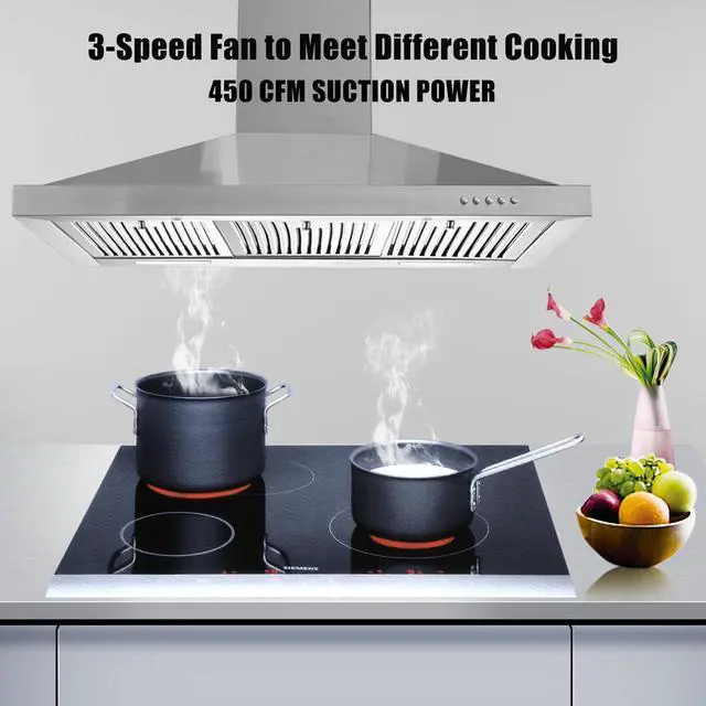 Alt view image 4 of 7 - 36 inch Range Hood, Wall Mounted Vent Hood in Stainless Steel, Ducted/Ductless Kitchen Hood w/Push Button Control, 3 Speed Exhaust Fan, 3 Pcs Baffle Filters, Energy Saving LED Light