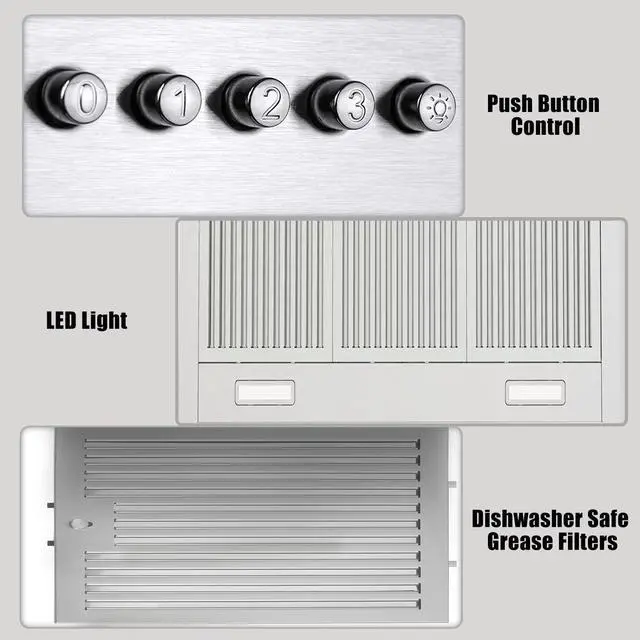 Alt view image 3 of 7 - 36 inch Range Hood, Wall Mounted Vent Hood in Stainless Steel, Ducted/Ductless Kitchen Hood w/Push Button Control, 3 Speed Exhaust Fan, 3 Pcs Baffle Filters, Energy Saving LED Light