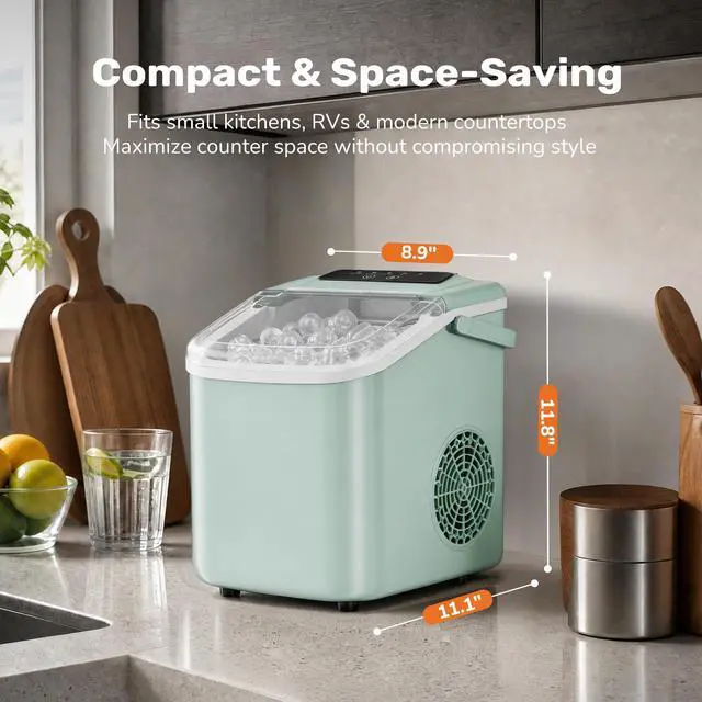 Alt view image 2 of 7 - Countertop Ice Maker with Scoop, Basket and Handle, Portable Ice Machine 9 Cubes Ready in 6 Mins, 26.5lbs in 24Hrs, 2 Sizes for Home Kitchen Office Bar Party