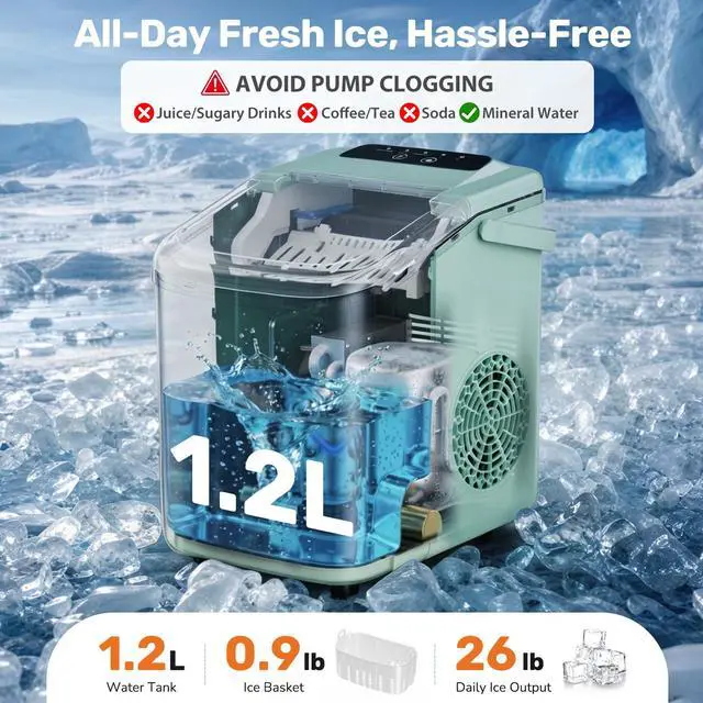 Alt view image 3 of 7 - Countertop Ice Maker with Scoop, Basket and Handle, Portable Ice Machine 9 Cubes Ready in 6 Mins, 26.5lbs in 24Hrs, 2 Sizes for Home Kitchen Office Bar Party