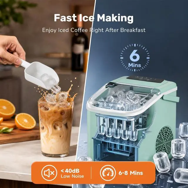 Alt view image 5 of 7 - Countertop Ice Maker with Scoop, Basket and Handle, Portable Ice Machine 9 Cubes Ready in 6 Mins, 26.5lbs in 24Hrs, 2 Sizes for Home Kitchen Office Bar Party
