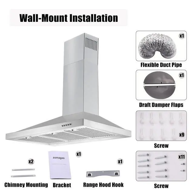 Alt view image 6 of 7 - 36 inch Range Hood, Wall Mounted Vent Hood in Stainless Steel, Ducted/Ductless Kitchen Hood w/Push Button Control, 3 Speed Exhaust Fan, 3 Pcs Baffle Filters, Energy Saving LED Light