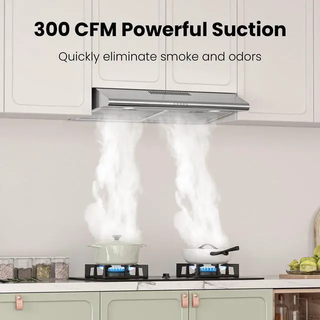 Alt view image 2 of 7 - 30 Inch Under Cabinet Range Hood, 300 CFM Ducted/Ductless Kitchen Vent Hood Over Stove, 3-Speed Exhaust Fan with LED Light, Reusable Filter & Charcoal Filter, Stainless Steel