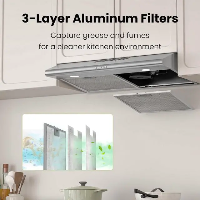 Alt view image 4 of 7 - 30 Inch Under Cabinet Range Hood, 300 CFM Ducted/Ductless Kitchen Vent Hood Over Stove, 3-Speed Exhaust Fan with LED Light, Reusable Filter & Charcoal Filter, Stainless Steel
