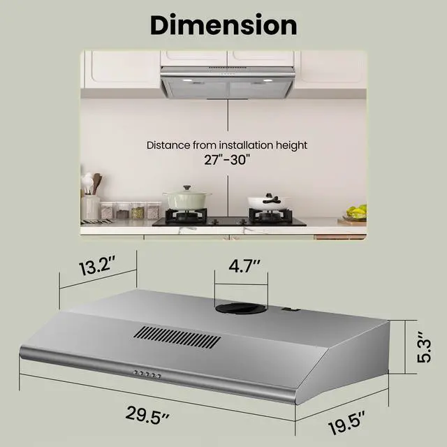 Alt view image 6 of 7 - 30 Inch Under Cabinet Range Hood, 300 CFM Ducted/Ductless Kitchen Vent Hood Over Stove, 3-Speed Exhaust Fan with LED Light, Reusable Filter & Charcoal Filter, Stainless Steel