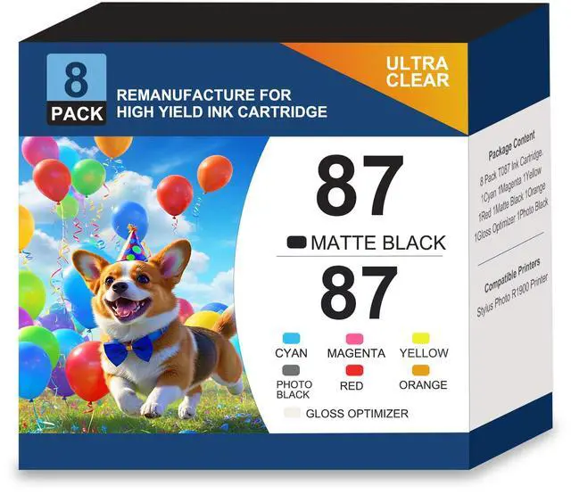 Main image of Remanufactured 87 T087 Ink Cartridge with New Chip | Replacement for Stylus Photo R1900 Printer Ink T087020 T087120 T087220 T087320 T087420 T087720 T087820 T087920 8-Pack