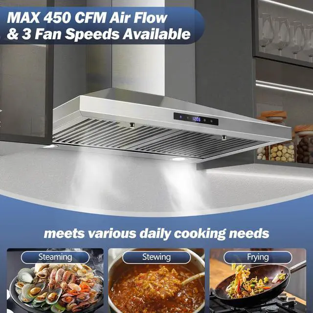 Alt view image 3 of 7 - Range Hood 30 inches,Stainless Steel Wall Mount Range Hood,Vent Hood 30 inch w/Touch Control,Ducted/Ductless Convertible,Chimney-Style Over Stove Vent Hood,Kitchen Hood,Baffle Filters