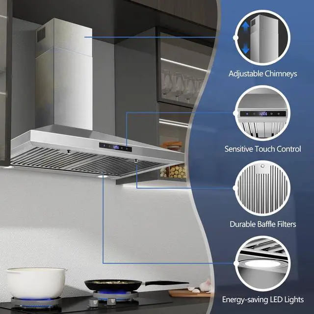 Alt view image 2 of 7 - Range Hood 30 inches,Stainless Steel Wall Mount Range Hood,Vent Hood 30 inch w/Touch Control,Ducted/Ductless Convertible,Chimney-Style Over Stove Vent Hood,Kitchen Hood,Baffle Filters