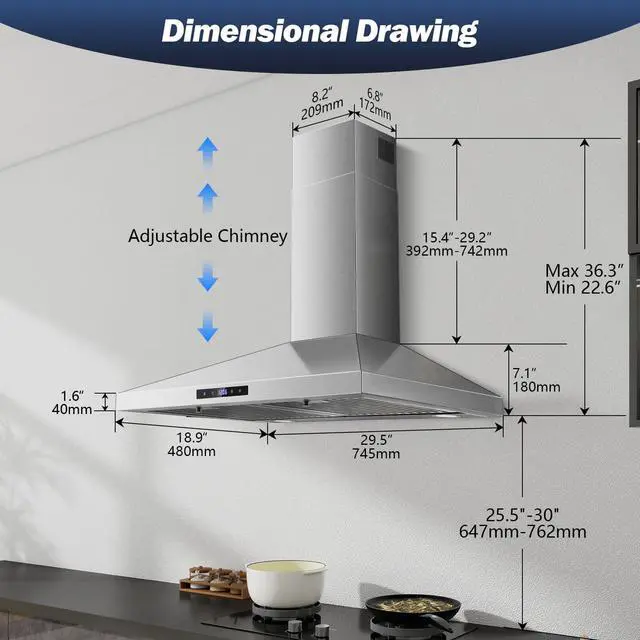 Alt view image 4 of 7 - Range Hood 30 inches,Stainless Steel Wall Mount Range Hood,Vent Hood 30 inch w/Touch Control,Ducted/Ductless Convertible,Chimney-Style Over Stove Vent Hood,Kitchen Hood,Baffle Filters