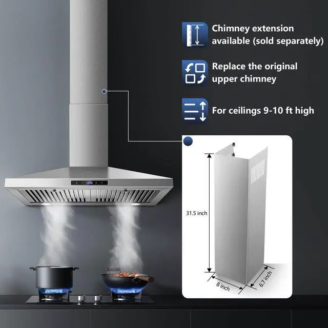 Alt view image 6 of 7 - Range Hood 30 inches,Stainless Steel Wall Mount Range Hood,Vent Hood 30 inch w/Touch Control,Ducted/Ductless Convertible,Chimney-Style Over Stove Vent Hood,Kitchen Hood,Baffle Filters
