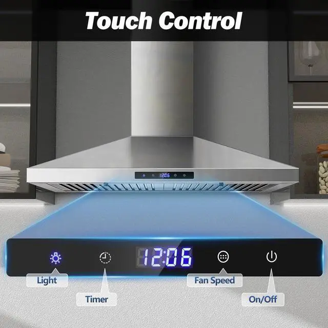 Alt view image 5 of 7 - Range Hood 30 inches,Stainless Steel Wall Mount Range Hood,Vent Hood 30 inch w/Touch Control,Ducted/Ductless Convertible,Chimney-Style Over Stove Vent Hood,Kitchen Hood,Baffle Filters