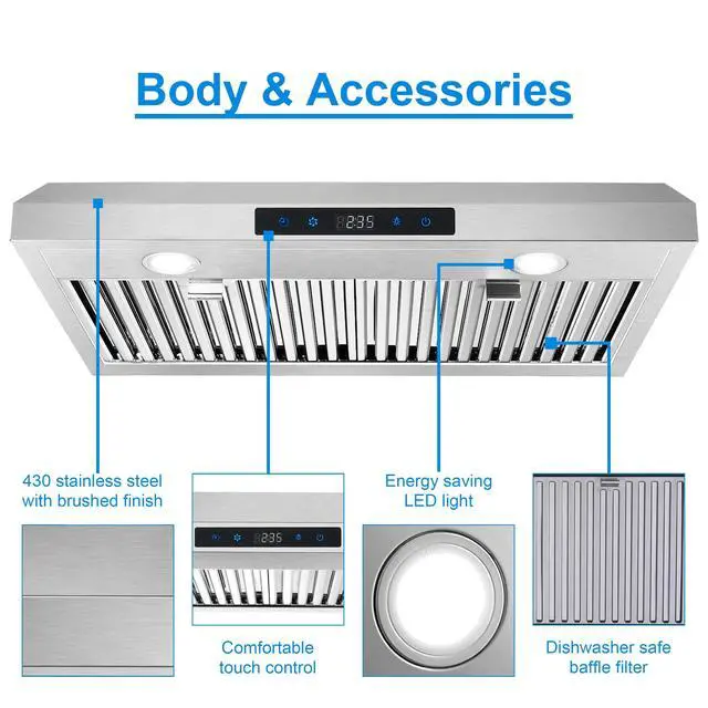 Alt view image 2 of 6 - Range Hood 30 Inch Under Cabinet,Ductless Range Hoods with Touch Control,3-Venting Kitchen hood,Stainless Steel Vent Hood,Under Cabinet Range Hood 30 inch,Hood Vents for Kitchen 3 Speeds