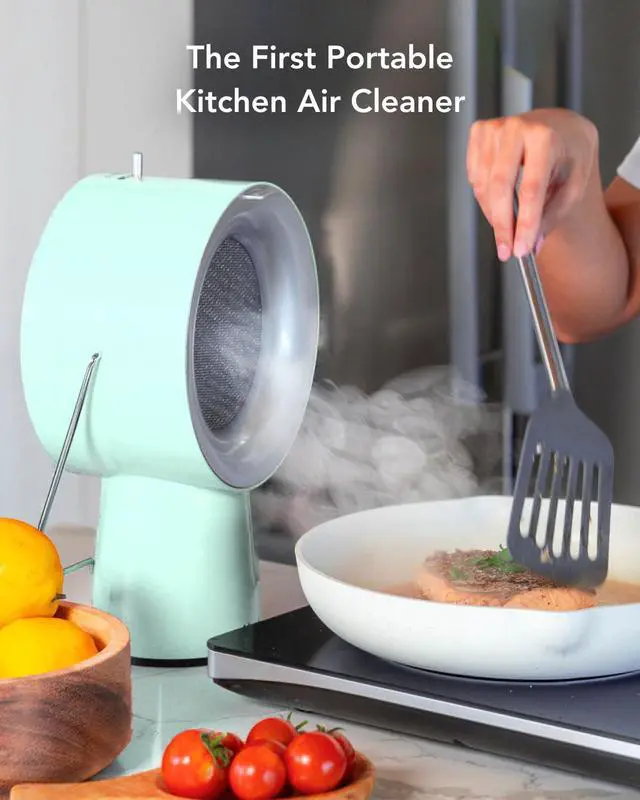 Alt view image 2 of 7 - Wired Range Hood Portable Kitchen Exhaust Fan, Mint Green | Dual oil and charcoal filters capture smoke, grease, odors; easy to clean; ideal for condos, apartments, RVs, indoor BBQ