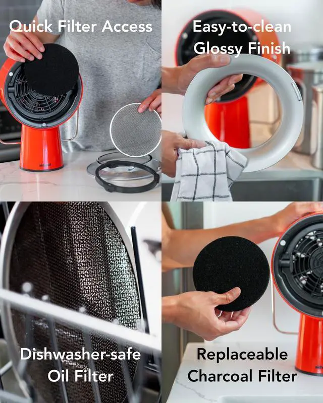 Alt view image 4 of 7 - Wired Range Hood Portable Kitchen Exhaust Fan, Cadmium Orange | Dual oil and charcoal filters capture smoke, grease, odors; easy to clean; ideal for condos, apartments, RVs, indoor BBQ