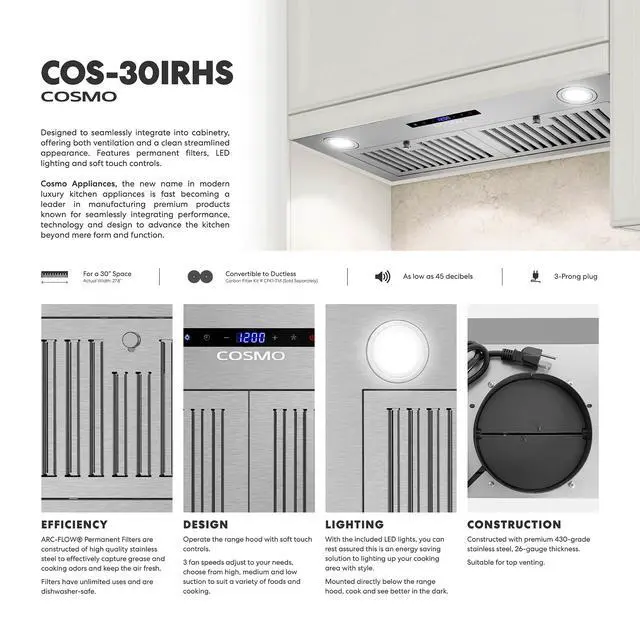 Alt view image 6 of 7 - 30 in. Lumin Collection 380 CFM Ducted Insert Range Hood, LED, Stainless | COS-30IRHS Soft Touch Controls, 3 Fan Speeds, Permanent Dishwasher-Safe Baffle Filters, Backdraft Damper