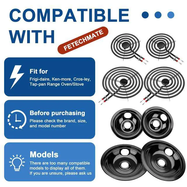 Alt view image 7 of 7 - Black Porcelain Drip Pan & Electric Stove Burner Fit for Kenmore Frigidaire | 2 x 6" Black Drip Pans & Electric Range Burner, 2 x 8" Electric Stove Drip Pans & Electric Stove Burner by