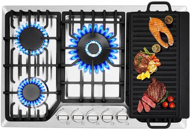 Main image of 30 Inch Built-In Gas Cooktop with Griddle, 5 Italy SABAF Powerful Burners Over 92% High Efficiency, Max 48300BTU Gas Stove Top, 304 Stainless Steel Panel, NG/LPG Convertible, CSA Certified