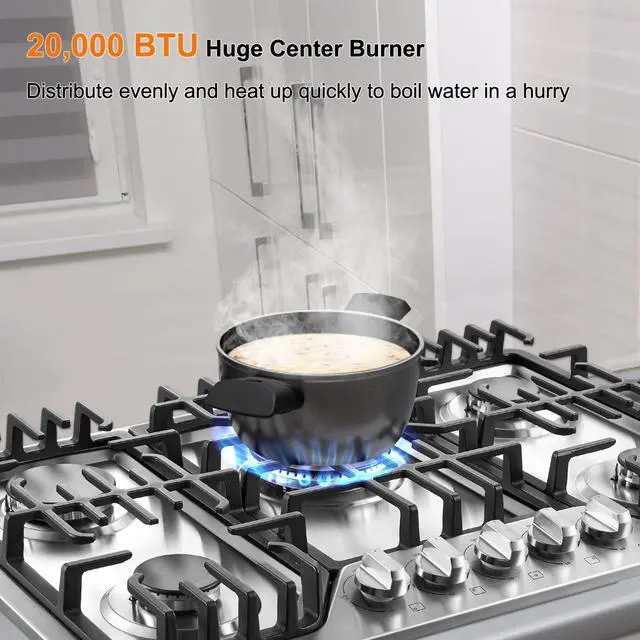 Alt view image 4 of 7 - 30 Inch Built-In Gas Cooktop with Griddle, 5 Italy SABAF Powerful Burners Over 92% High Efficiency, Max 48300BTU Gas Stove Top, 304 Stainless Steel Panel, NG/LPG Convertible, CSA Certified