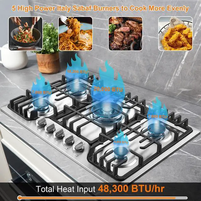 Alt view image 3 of 7 - 30 Inch Built-In Gas Cooktop with Griddle, 5 Italy SABAF Powerful Burners Over 92% High Efficiency, Max 48300BTU Gas Stove Top, 304 Stainless Steel Panel, NG/LPG Convertible, CSA Certified